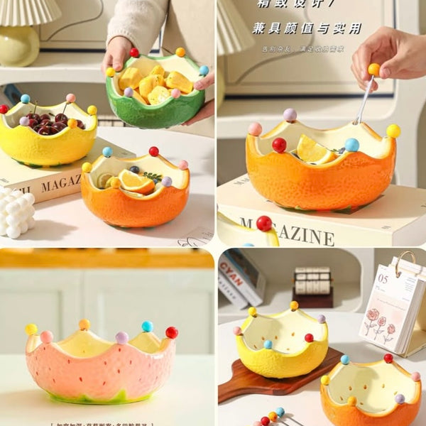 Watermelon Textured Ceramic Fruit Bowl with Folk Set