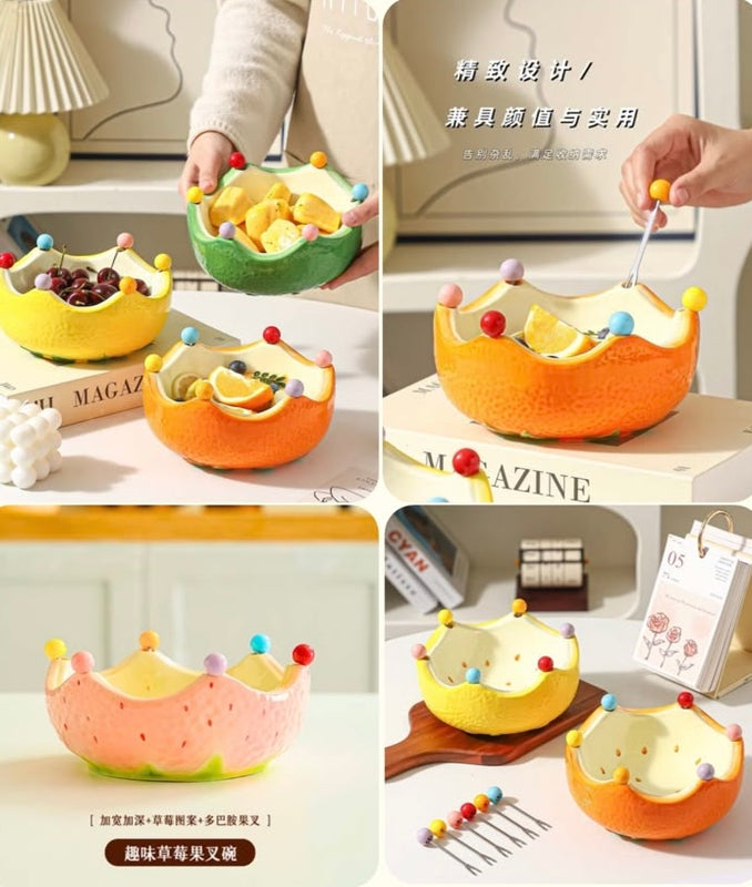 Watermelon Textured Ceramic Fruit Bowl with Folk Set